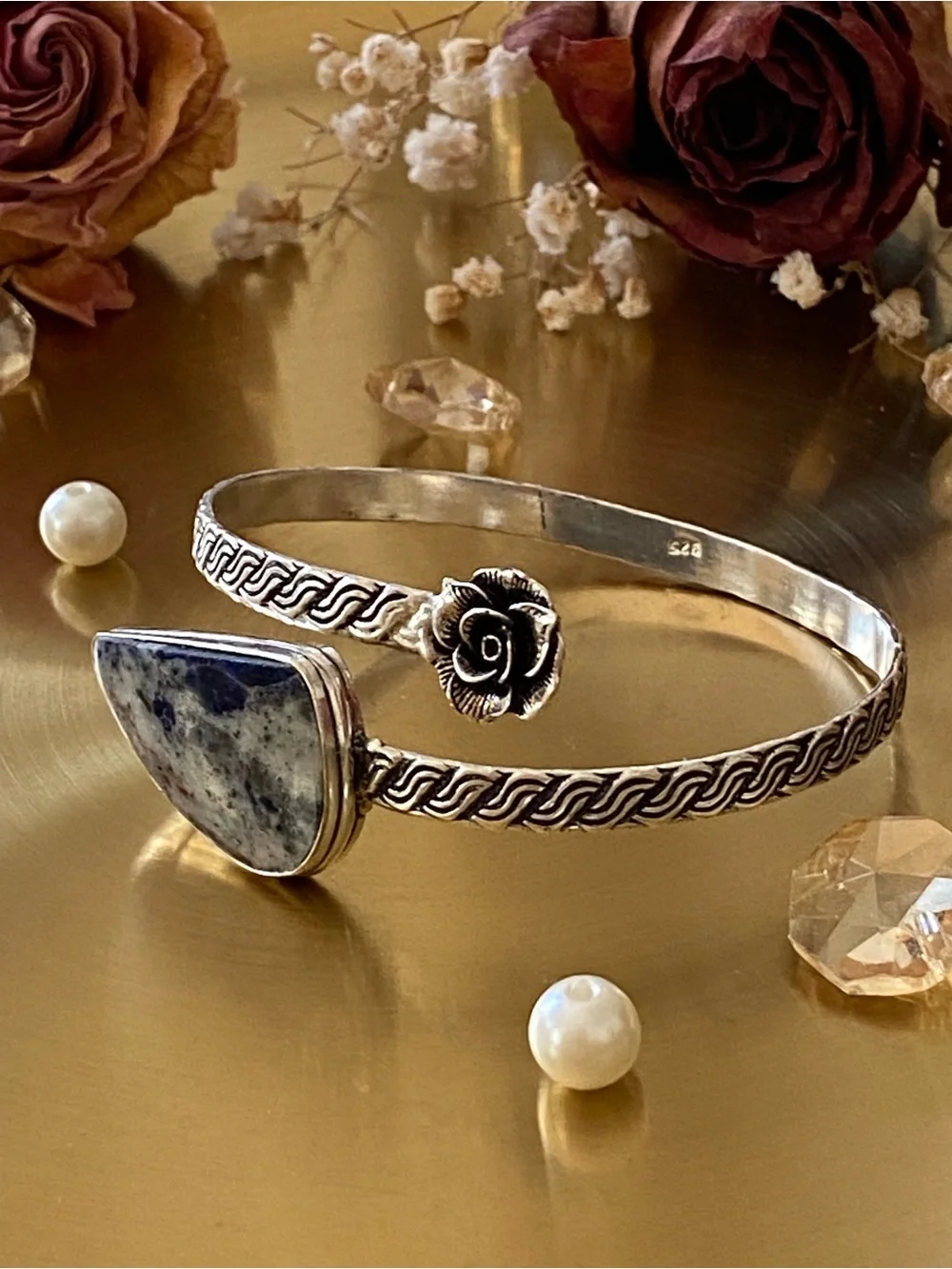 Sodalite Hand Crafted Flower Bypass Bangle